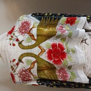 100% Silk Beaded Peacock Roses Beaded Hem Scarf Wrap Vintage